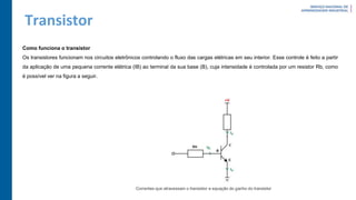 Transistor
Como funciona o transistor
Os transistores funcionam nos circuitos eletrônicos controlando o fluxo das cargas elétricas em seu interior. Esse controle é feito a partir
da aplicação de uma pequena corrente elétrica (IB) ao terminal da sua base (B), cuja intensidade é controlada por um resistor Rb, como
é possível ver na figura a seguir.
 