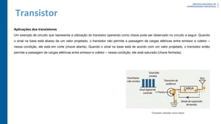 Transistor
Aplicações dos transistores
Um exemplo de circuito que representa a utilização do transistor operando como chave pode ser observado no circuito a seguir. Quando
o sinal na base está abaixo de um valor projetado, o transistor não permite a passagem de cargas elétricas entre emissor e coletor –
nessa condição, ele está em corte (chave aberta). Quando o sinal na base está de acordo com um valor projetado, o transistor então
permite a passagem de cargas elétricas entre emissor e coletor – nessa condição, ele está saturado (chave fechada).
 