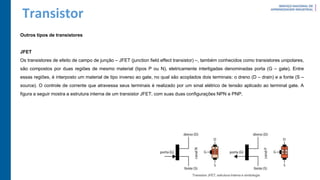 Transistor
Outros tipos de transistores
JFET
Os transistores de efeito de campo de junção – JFET (junction field effect transistor) –, também conhecidos como transistores unipolares,
são compostos por duas regiões de mesmo material (tipos P ou N), eletricamente interligadas denominadas porta (G – gate). Entre
essas regiões, é interposto um material de tipo inverso ao gate, no qual são acoplados dois terminais: o dreno (D – drain) e a fonte (S –
source). O controle de corrente que atravessa seus terminais é realizado por um sinal elétrico de tensão aplicado ao terminal gate. A
figura a seguir mostra a estrutura interna de um transistor JFET, com suas duas configurações NPN e PNP.
 