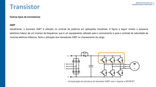 Transistor
Outros tipos de transistores
IGBT
Geralmente, o transistor IGBT é utilizado no controle de potência em aplicações industriais. A figura a seguir mostra o esquema
eletrônico básico de um inversor de frequência, que é um equipamento utilizado para o acionamento e para o controle de velocidade de
motores elétricos trifásicos. Note a utilização dos transistores IGBT no chaveamento da carga.
 