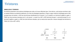 Tiristores
SIMBOLOGIA E TERMINAIS
Os tiristores apresentam suas próprias simbologias para cada um de seus diferentes tipos. Como técnico, você precisa reconhecer cada
um desses tiristores nos desenhos eletrônicos, por meio de simbologias específicas. A figura a seguir mostra as simbologias para os três
principais tipos de tiristores: o SCR tem três terminais identificados por A (anodo), C ou K (catodo) e um terminal G (gatilho ou gate); o
TRIAC tem dois terminais chamados de A1 e A2 (anodo 1 e anodo 2) ou MT1 e MT2 (terminal principal 1 e terminal principal 2) e um
terminal G (gatilho ou gate); e o DIAC tem dois terminais indicados, que na maioria das vezes têm a mesma indicação dos terminais do
TRIAC (A1 e A2 ou MT1 e MT2).
 