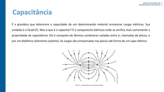 Capacitância
É a grandeza que determina a capacidade de um determinando material armazenar cargas elétricas. Sua
unidade é o farad (F). Mas o que é o capacitor? É o componente elétricos onde se verifica mais comumente a
propriedade da capacitância. Ele é composto de lâminas condutoras isoladas entre si, chamadas de placas, e
por um dielétrico (elemento isolante). As cargas são armazenadas nas placas sob forma de um capo elétrico.
 