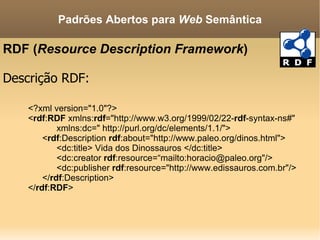 RDF ( Resource Description Framework ) Descrição RDF: Padrões Abertos para  Web  Semântica <?xml version="1.0"?> < rdf : RDF  xmlns: rdf ="http://www.w3.org/1999/02/22- rdf -syntax-ns#" xmlns:dc=" http://purl.org/dc/elements/1.1/"> < rdf :Description  rdf :about="http://www.paleo.org/dinos.html"> <dc:title> Vida dos Dinossauros </dc:title> <dc:creator  rdf :resource=“mailto:horacio@paleo.org"/> <dc:publisher  rdf :resource="http://www.edissauros.com.br"/> </ rdf :Description> </ rdf : RDF > 
