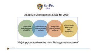 Adaptive Management SaaS for 2020
Compliance
Management
(QHSE)
Maintenance
Management
(Asset)
Integrated
Management
system
Built-in Best
Practices
and
Analytics
‘Helping you achieve the new Management normal’
 