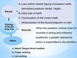 Dental
Muscular
Habits
Etiology
of Dental
deep bite
A. Loss and/or mesial tipping of posterior teeth,
diminished posterior dental height.
B. Early loss of teeth
C.Overeruption of the incisor teeth,
infraocclusion of the buccal segment or both.
When the posterior vertical chain of
muscles is strong and anteriorly
positioned, a greater depressive
action is transmitted to the dentition
a. lateral Tongue thrust swallow
b. Finger sucking,
c. Lip sucking
 