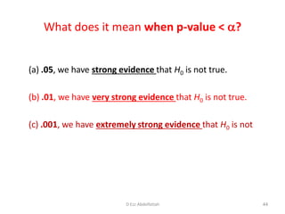 What does it mean when p-value < ?
(a) .05, we have strong evidence that H0 is not true.
(b) .01, we have very strong evidence that H0 is not true.
(c) .001, we have extremely strong evidence that H0 is not true.
44D Ezz Abdelfattah
 