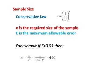 Conservative law
2
1







E
n
Sample Size
n is the required size of the sample
E is the maximum allowable error
For example if E=0.05 then:
 