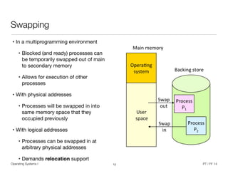 Operating Systems I PT / FF 14
Swapping
• In a multiprogramming environment

• Blocked (and ready) processes can
be temporarily swapped out of main
to secondary memory 

• Allows for execution of other
processes

• With physical addresses

• Processes will be swapped in into
same memory space that they
occupied previously

• With logical addresses

• Processes can be swapped in at
arbitrary physical addresses

• Demands relocation support
12
Opera&ng)
system)
User)
)space)
Process)
P1)
Process)
P2)
Swap)
out)
Swap)
in)
Main)memory)
Backing)store)
 