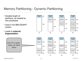 Operating Systems I PT / FF 14
Memory Partitioning - Dynamic Partitioning
• Variable length of
partitions, as needed by
new processes

• Used in the IBM OS/MVT
system

• Leads to external
fragmentation
16
Only P4 is ready -
swap out takes
place
 