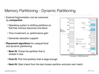Operating Systems I PT / FF 14
Memory Partitioning - Dynamic Partitioning
• External fragmentation can be overcome  
by compaction
• Operating system is shifting partitions so  
that free memory becomes one block

• Time investment vs. performance gain

• Demands relocation support

• Placement algorithms for unequal ﬁxed 
and dynamic partitioning

• Best-ﬁt: Chose the partition that is  
closest in size

• First-ﬁt: Pick ﬁrst partition that is large enough

• Next-ﬁt: Start check from the last chosen partition and pick next match
17
Example: 16MB allocation
 