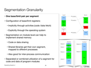 Operating Systems I PT / FF 14
Segmentation Granularity
26
Grobe Segmentierung (3)
Expansion
Area
Code
Stack
Initialised
Data
BSS
(zeroed)
Code
Initialised
Data
BSS
(zeroed)
Stack
Logical Physical
base/limit
base/limit
base/limit
• One base/limit pair per segment
• Conﬁguration of base/limit registers:

• Implicitly through activities (code /data fetch)

• Explicitly through the operating system

• Segmentation on module level can help to
implement shared memory

• Code or data sharing

• Shared libraries get their own segment,  
mapped to diﬀerent processes

• Also good for inter-process communication

• Separated or combined utilization of a segment for
code and data of program modules
Moduln (1)
Data
Data
Data
Code
Data
Code
Code
Module 0
Module 2
Module 3
Module 1
Module 0..3
Module 0..3
Separated Combined
Code
Code
Moduln (1)
Data
Data
Data
Code
Data
Code
Code
Module 0
Module 2
Module 3
Module 1
Module 0..3
Module 0..3
Separated Combined
Code
Code
(C) J. Nolte, BTU
 