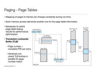 • Mapping of pages to frames can change constantly during run-time

• Each memory access demands another one for the page table information

• Necessary to cache 
page table lookup 
results for performance 
optimization

• Translation Lookaside  
Buﬀer (TLB)
• Page number + 
complete PTE per entry

• Hardware can 
check TLB entries in 
parallel for page 
number match
Operating Systems I PT / FF 14
Paging - Page Tables
35
 