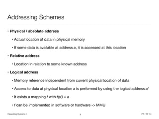Operating Systems I PT / FF 14
Addressing Schemes
• Physical / absolute address

• Actual location of data in physical memory

• If some data is available at address a, it is accessed at this location

• Relative address
• Location in relation to some known address

• Logical address
• Memory reference independent from current physical location of data 

• Access to data at physical location a is performed by using the logical address a‘

• It exists a mapping f with f(a') = a

• f can be implemented in software or hardware -> MMU
5
 