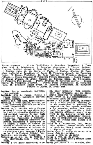 r------------F o R----------------.




FORUM ROMANUM: l.. ClwUS Capitolinus. 2. Templum Vespasiani. 3. Tem-
Plum lani. 4. Tabularium. 5. Templum ConcorcUtll. 6. Carcer Tulliani.
7. Arcus Septimii Severi. 8. Fans Curtii. 9 Rastra. 10. Templum Saturnio
11. Basilica lulia. 12. Vio. Sacra. 13. Curia. 14. Basilica A:milia. 15. Tem-
plum Antonini et Faustinre.. 16. Regia. 17. Te1l1iPlum Cresaris. 18. Templum
Vestre. 19. Domus Vestalium. 20. Fans luturnce. 21. Templum Castoris et
Pollucis. - FORUM ClESARIS: 22. Templum Veneris Genitricis. - FORUM TRAIANI:
23. Equus Traiani. 24. Arcus Traiani.. 25. Basilica Ulpia. 26. Bibliotheca:
27. Templum Divi Traiani. - FORuM AUGUSTI: 28. Templum Martis. - FORUM
NERVlE: 29. TemPlum MineTV<ll. -     FORUM PACIS (VESPASIANI): 30. Templum
Pacis. 31. TemPlum Sacrre Urbis. 32. Basílica Constantiní. 33. Templum
                       Veneris et Romre. 34. Arcus Titi.

fortiter: fuerte, constante, intrépida,     liz, hacer prosperar (tibi. patrimo-
  valerosamente.                            nium dei fortunent, que los dioses
fortitüdo -inis f.: fuerza [física] 11      hagan prosperar tu patrimonio).
  fuerza [moral], intrepidez, bravura; foruli -orum m. pI.: compartimientos,
  ánimo, energía.                           estantes [para los libros l.
fortuito adv.: por azar, fortuitamente. forum -i n.: plaza pública, mercado.
fortuitus -a -Um: fortuito. azaroso. ca-    foro 11 la vida pública (aecedere fo-
  sual, accidental (fortuita oratio, dIs-   ro, no presentarse en pÚblico); los
  curso improvisado).                       negociOS (in foro versari, dedicarse
fortüna -ce f.: fortuna. suerte [buena      a los negociOS; cedere foro, que-
  o malal 11 buena fortuna, dicha; éxi-     brar); la actividad política y judi-
  to 11 suerte, situación (hOmines infi-    cial (forum attingere, seguir la ca-
  ma fortuna, hombres de muy baja           rrera de los honores; forum inai-
  condición) ~ -re -árum f. pI.: con-       cere o agere, administrar justicia)
  tingencias [favorables o adversas],       11 [en los campamentos] lugar donde
  suerte (sUis fortunis desperare cee-      estaba la tribuna para hablar a la
  perunt, empezaron a desesperar de         tropa, ·CAS.
  su suerte) 11 bienes de fortuna (et fossa -ce f.: excavación, foso, °MUN;
  honore et aUctoritate et fortunis ci-     hoyo, agujero (fossam d.ucere, fede-
  vitatis SUtll princeps, el primero de     re, cavar un foso) H canal, desa.güe
  sus conciudadanos por su jerarquia.       11 t límite, término.
  su prestigio y sus riquezas) ~ Fortü- fossio -anis f.: acción de cavar, cava.
  na -ce f.: la Fortuna [diosa]. *IUP. fossor ..(jris m.: cavador.
fortünate: afortunada, felizmente.        fossus -a -um, pp. de foaio.
fortünatus -a -um, pp. de fortuna 'Il fotus -a -um, pp. de faveo.
  ADJ.: afortunado. feliz 11 rico, opu- fovea -ce f.: hoyo, foso '11 trampa [pa.ra
  lento.
                                         I  cazar animales).
fortüno 1 tr.: hacer afortunado o fe- foveo fovi fotum 2 tr.: calentar, abr!-
 