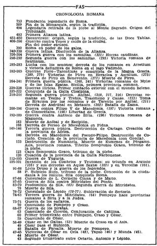 r-----------------------FAS----------------------~
                           CRONOLOGíA ROMANA
     753 FUndación legendaria de Roma.
     509 Fin de la Monarquía, según la tradición.
     494 Legendaria retirada de la plebe al Monte Sagrado. Origen del
            Tribunado.
      493 Primera Alianza latina.
  451-450 Decenvirato: origen, según la tradición, de las Doce Tablas.
  406-396 Guerras contra Veyes y caída de la ciudad.
            Fin del pOder etrusco.
      390 Roma en poder de los galos.
  340-338 Guerra latina. Disolución de la Alianza.
  326-304 Primera guerra con los samnitas. (321) Horcas caudinas.
  298-290 Segunda guerra con los samnitas. (29S) Victoria romana de
            Sentinum.
  285-283   Lucha con los senones; derrota de los romanos en Arretlum
            y victoria definitiva de Roma en el lago Vadimón.
  282"265    Guerras Pirro - Tarentinas y conquista de la Magna Grecia.
             (280, 279) Victorias de Pirro en Heraclea y Asculum. (27S)
            Derrota de Pirro en Benevento. (272) Muerte de Pirro.
  264-241   Primera guerra púnica. (260, 241) Victorias romanas de Mylre
            y de las Islas Egatas. Sicilia, primera provincia romana.
  229-228   Guerras ilíricas. Primer contacto exterior con el mundo heleno.
  225-222   Conquista de la GaUa Cisalpina.
  218-201   Segunda guerra púnica. Aniba!. (218, 217, 216) Derrotas ro-
            manas en Tesino y Trebia, Trasimeno y Canas. (212) Toma
            de Siracusa por los romanos y de Tarento por Aníbal. (211)
            Derrota de ASdrúbal en Metauro. (202) Batalla de Zama.
  200-196   Guerra contra Filipo V de Macedonia. (197) Victoria romana        ~
            de Cinoscéfalos. (196) Libertad de Grecia.
  192-189   Guerra contra Antioco de Siria. (196) Victoria romana de
            Magnesia.
      183   Muerte de Aníbal y de Escipión.
      168   Derrota de Perseo de Macedonia en Pidna.
  149-146   Tercera guerra púnica. Destrucción de Cartago. Creación de
            la provincia de Africa.
     146    Derrota en Macedonia del Pseudo-Fil1po. Destrucción de Co-
            rinto. Creación de la provincia de Macedonia (con Grecia).
     133    Destrucción de Numancia. Muerte de Eumenes de Pérgamo.
            Asia, prOVincia romana. Tiberio Sempronio Graco, tribuno de
            la plebe.
      123   Cayo Sempronio Graco, tribuno de la plebe.
      120   Creación de la provincia de la Galia Narbonense.
  112-105   Guerra de Yugurta.
  105-101   Invasión de los Cimbrios y Teutones: su triunfo en Arausio
            (10S) y sus derrotas en Aqure Sextre (102) y en VerceUre (101).
    91-88   Livio Druso y la guerra de los federados.
       88   P. SuIpicio Rufo, tribuno de la plebe. Concesión de la ciuda-
            danía a los itálicos. Slla conquista Roma.
   87-86    Consulados de L. Cornelio Cinna y de Mario.
   87-85    Guerra de Sila contra Mitrídates del Ponto.
   83-79    Predominio de Sila. (83) Segunda guerra de Mitrídates.
      78    Muerte de S11a.
   78-72    Consulado de Lépido (78-77). Sublevación de Sertorio.
   74-63    Tercera guerra de Mitrídates. (64) Pompeyo hace prOVincias
            romanas a Siria y a la Judea.
   73-71    Guerra de los esclavos.
      70    Consulado de Pompeyo y Craso.
   68-67    Guerra de los piratas.
      63    Consulado de Cicerón. Conjuración de Catilina.
      60    Primer triunvirato entre POmpeyO, Craso y César.
      59    Consulado de César.
   58-49    César en las GaUas. (53) Muerte de Craso en el Asia.
      49    César pasa el Rubicón.
      48    Batalla de Farsalia. Muerte de Pompeyo.
   47-45    Victorias de César en Cela (48), Tapso (46) y Munda (4S).
      44    Muerte de César.
      43    SegundO triunvirato entre Octavlo, Antonio Y Lépido.
 