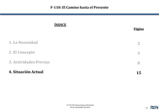 14
F-110: El Camino hasta el Presente
24 de noviembre de 2015
2
5
8
15
1. La Necesidad
2. El Concepto
3. Actividades Previas
4. Situación Actual
F-110: El Camino hasta el Presente
ÍNDICE
Página
 