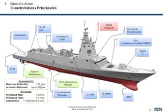 26
F-110: El Camino hasta el Presente
24 de noviembre de 2015
4. Situación Actual
Características Principales
Helicóptero
VLS
(2 módulos x 8 celdas STRIKE)
Cañón
5”
ATAS
HMS
2 x SSM
2 x 30
mm
2 x Lanzadores
Torpedos
Director de
Tiro del Cañón
Planta Propulsora
Híbrida
Lanzadores
Chaff
Mástil
Integrado
SCOMBA
Acomodación:
Dotación Reducida: 150 pax
Acomod. Adicional: aprox 50 pax
Movilidad:
Velocidad Máx: > 26 kn
Velocidad Cruc: > 17 kn
Autonomía: > 4100 mn @ 15 kn
Espacio
Multimisión
 
