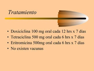 Tratamiento Doxiciclina 100 mg oral cada 12 hrs x 7 días Tetraciclina 500 mg oral cada 6 hrs x 7 días Eritromicina 500mg oral cada 6 hrs x 7 días No existen vacunas 
