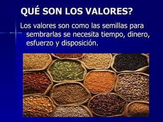 QUÉ SON LOS VALORES?
Los valores son como las semillas para
  sembrarlas se necesita tiempo, dinero,
  esfuerzo y disposición.
 