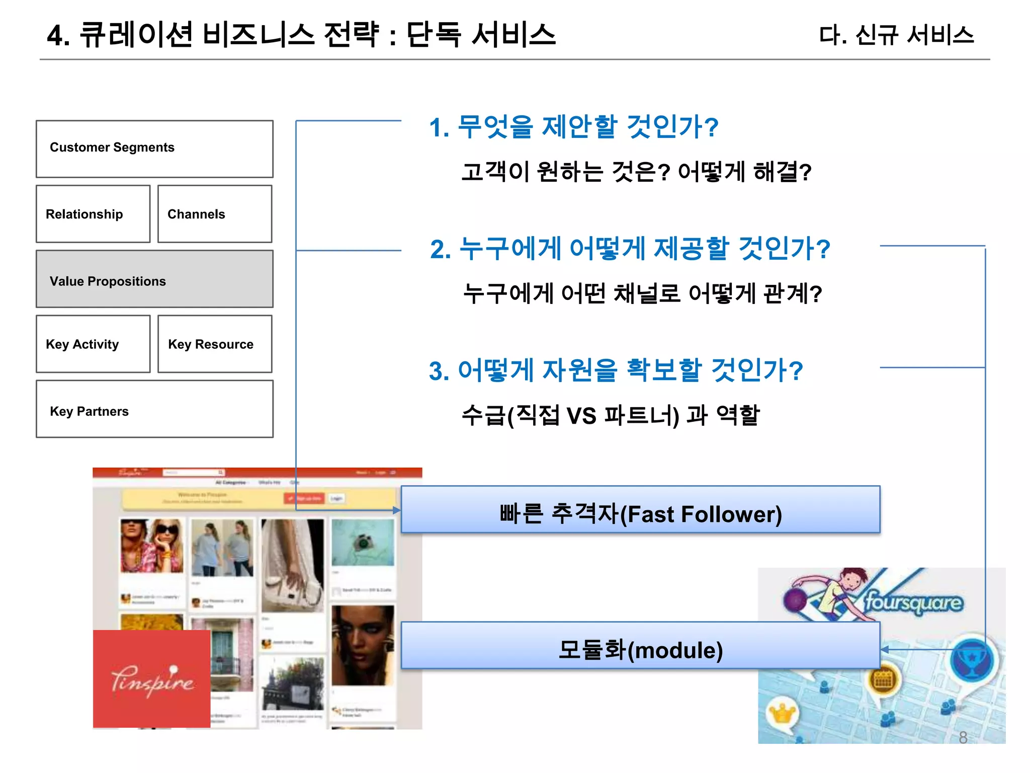 4. 큐레이션 비즈니스 전략 : 단독 서비스                                       다. 신규 서비스



                                    1. 무엇을 제안할 것인가?
Customer Segments

                                     고객이 원하는 것은? 어떻게 해결?
Relationship         Channels


                                    2. 누구에게 어떻게 제공할 것인가?
Value Propositions
                                     누구에게 어떤 채널로 어떻게 관계?

Key Activity         Key Resource

                                    3. 어떻게 자원을 확보할 것인가?
Key Partners
                                     수급(직접 VS 파트너) 과 역할



                                       빠른 추격자(Fast Follower)




                                           모듈화(module)


                                                                       8
 
