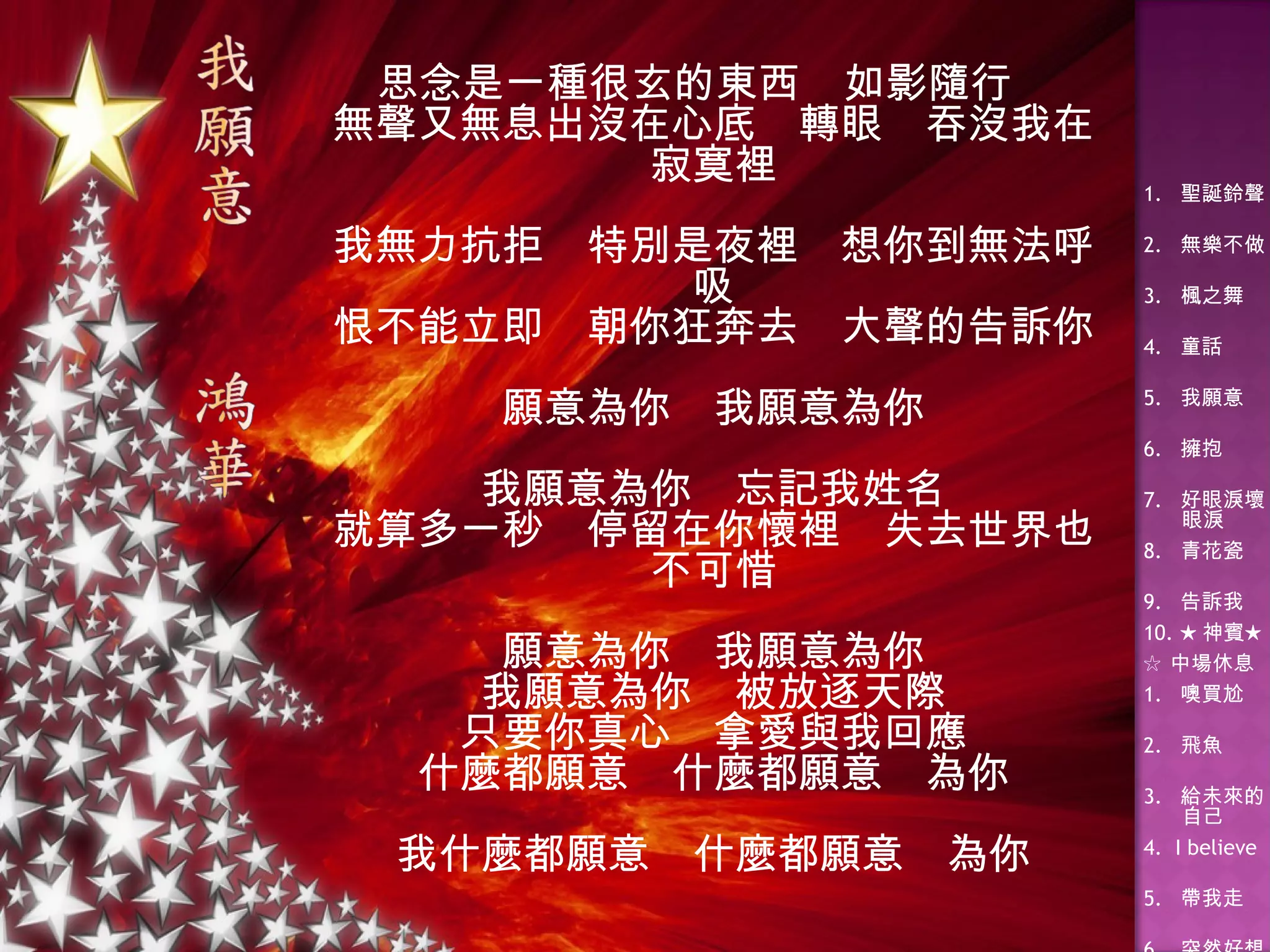 思念是一種很玄的東西　如影隨行 無聲又無息出沒在心底　轉眼　吞沒我在寂寞裡 我無力抗拒　特別是夜裡　想你到無法呼吸 恨不能立即　朝你狂奔去　大聲的告訴你 願意為你　我願意為你 我願意為你　忘記我姓名 就算多一秒　停留在你懷裡　失去世界也不可惜 願意為你　我願意為你 我願意為你　被放逐天際 只要你真心　拿愛與我回應 什麼都願意　什麼都願意　為你 我什麼都願意　什麼都願意　為你 