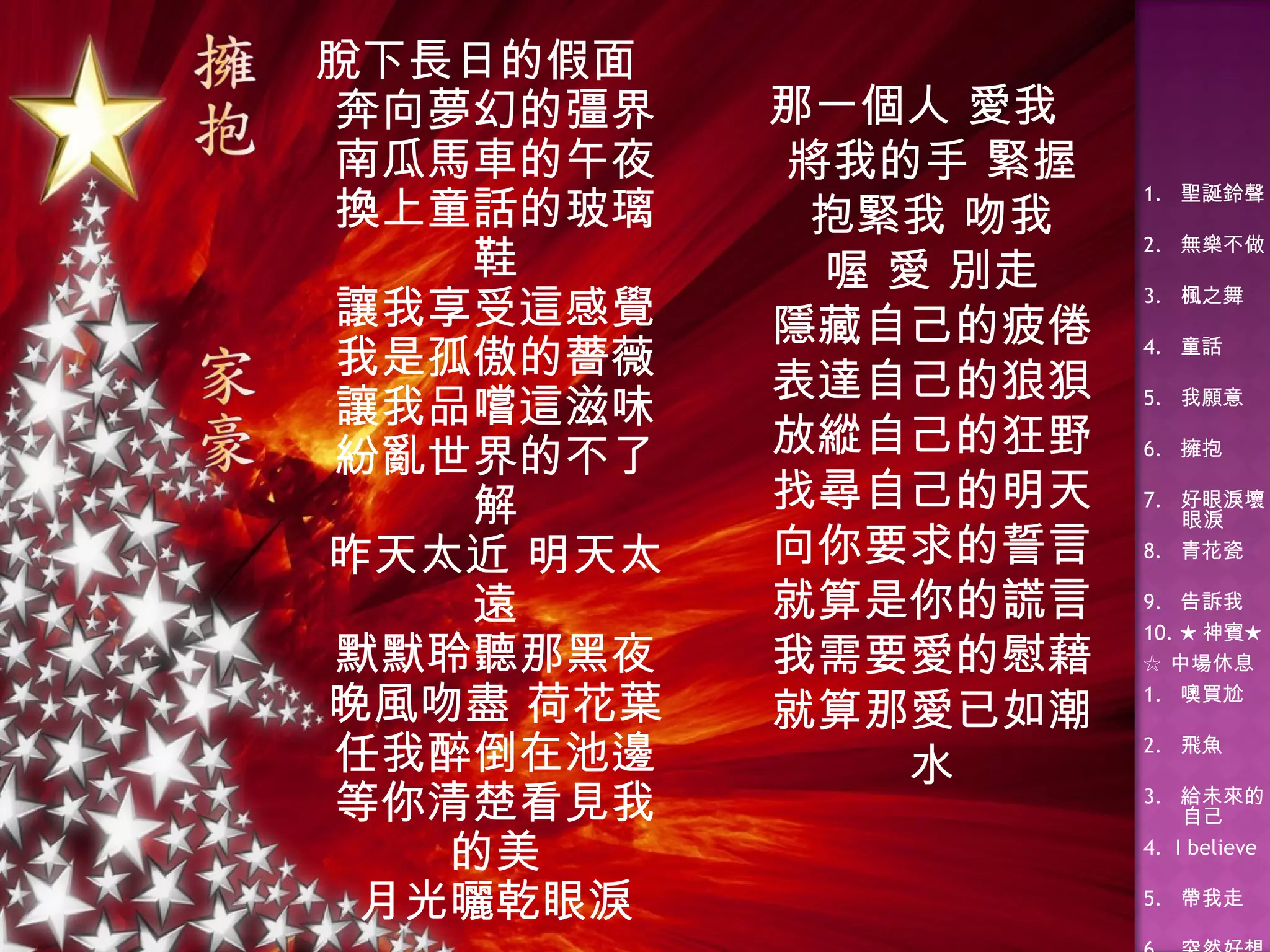 脫下長日的假面 奔向夢幻的彊界 南瓜馬車的午夜 換上童話的玻璃鞋 讓我享受這感覺 我是孤傲的薔薇 讓我品嚐這滋味 紛亂世界的不了解 昨天太近 明天太遠 默默聆聽那黑夜 晚風吻盡 荷花葉 任我醉倒在池邊 等你清楚看見我的美 月光曬乾眼淚 那一個人 愛我 將我的手 緊握 抱緊我 吻我 喔 愛 別走 隱藏自己的疲倦 表達自己的狼狽 放縱自己的狂野 找尋自己的明天 向你要求的誓言 就算是你的謊言 我需要愛的慰藉 就算那愛已如潮水 