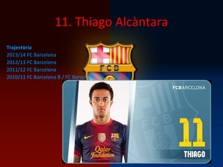 11. Thiago Alcàntara
Trajectòria
2013/14 FC Barcelona
2012/13 FC Barcelona
2011/12 FC Barcelona
2010/11 FC Barcelona B / FC Barcelona
 