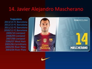14. Javier Alejandro Mascherano
Trajectòria
2013/14 FC Barcelona
2012/13 FC Barcelona
2011/12 FC Barcelona
2010/11 FC Barcelona
2009/10 Liverpool
2008/09 Liverpool
2007/08 Liverpool
2006/07 West Ham
2005/06 Corinthians
2004/05 River Plate
2003/04 River Plate
 