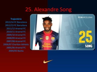 25. Alexandre Song
Trajectòria
2013/14 FC Barcelona
2012/13 FC Barcelona
2011/12 Arsenal FC
2010/11 Arsenal FC
2009/10 Arsenal FC
2008/09 Arsenal FC
2007/08 Arsenal FC
2006/07 Charlton Athletic
2005/06 Arsenal FC
2004/05 Bastia
 
