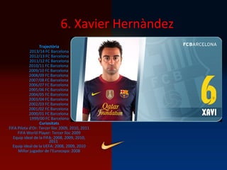 6. Xavier Hernàndez
Trajectòria
2013/14 FC Barcelona
2012/13 FC Barcelona
2011/12 FC Barcelona
2010/11 FC Barcelona
2009/10 FC Barcelona
2008/09 FC Barcelona
2007/08 FC Barcelona
2006/07 FC Barcelona
2005/06 FC Barcelona
2004/05 FC Barcelona
2003/04 FC Barcelona
2002/03 FC Barcelona
2001/02 FC Barcelona
2000/01 FC Barcelona
1999/00 FC Barcelona
Curiositats
FIFA Pilota d'Or: Tercer lloc 2009, 2010, 2011
FIFA World Player: Tercer lloc 2009
Equip ideal de la FIFA: 2008, 2009, 2010,
2011
Equip ideal de la UEFA: 2008, 2009, 2010
Millor jugador de l'Eurocopa: 2008
 