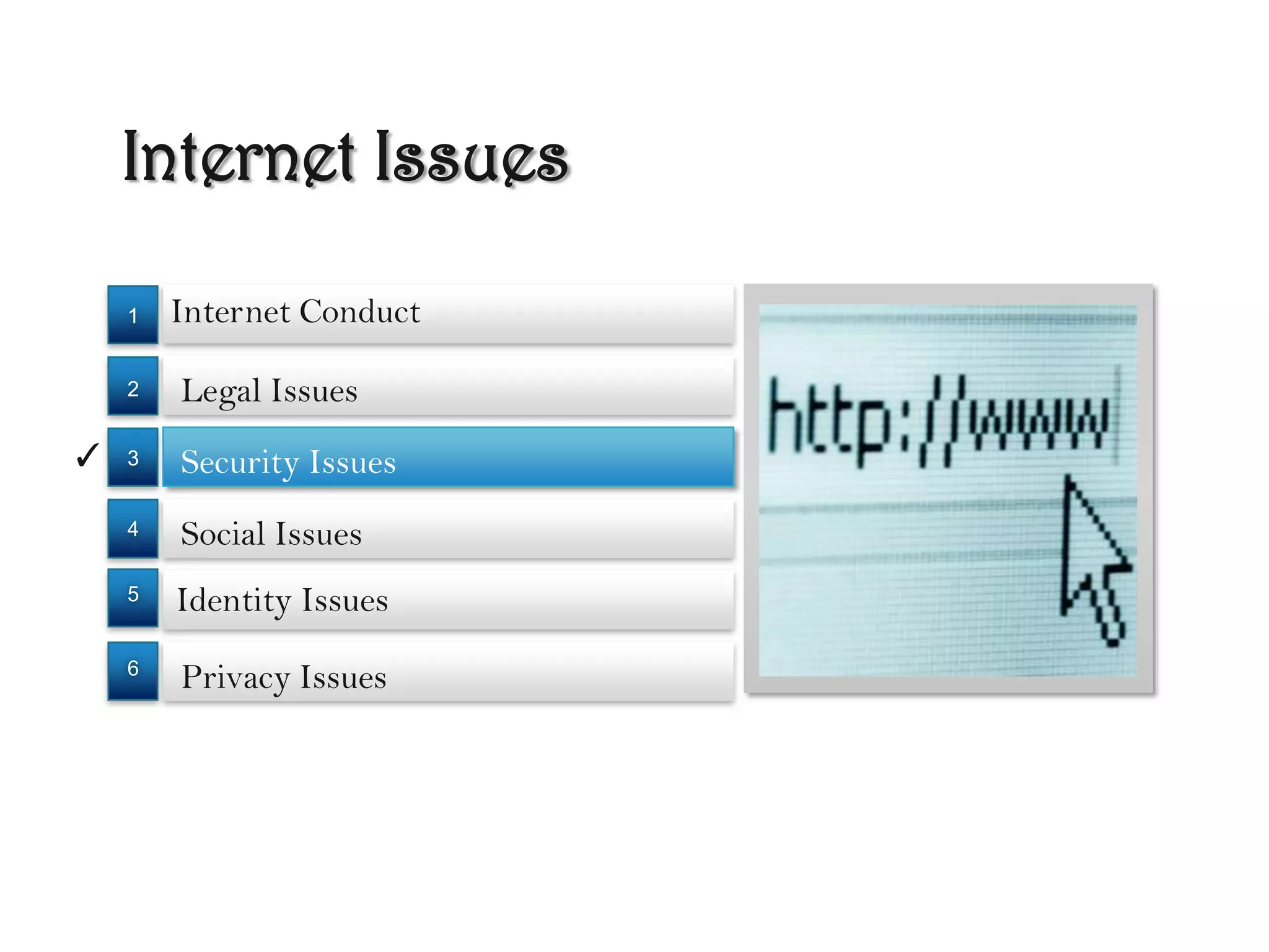 Internet Issues
Identity Issues
Internet Conduct
Security Issues
Legal Issues
Social Issues
Privacy Issues
✓
6
5
4
3
2
1
 