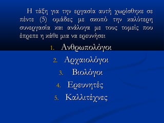 Η τάξη για την εργασία αυτή χωρίσθηκε σεΗ τάξη για την εργασία αυτή χωρίσθηκε σε
πέντε (5) ομάδες με σκοπό την καλύτερηπέντε (5) ομάδες με σκοπό την καλύτερη
συνεργασία και ανάλογα με τους τομείς πουσυνεργασία και ανάλογα με τους τομείς που
έπρεπε η κάθε μια να ερευνήσειέπρεπε η κάθε μια να ερευνήσει
1.1. ΑνθρωπολόγοιΑνθρωπολόγοι
2.2. ΑρχαιολόγοιΑρχαιολόγοι
3.3. ΒιολόγοιΒιολόγοι
4.4. ΕρευνητέςΕρευνητές
5.5. ΚαλλιτέχνεςΚαλλιτέχνες
 