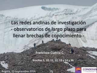 Las redes andinas de investigación 
- observatorios de largo plazo para 
llenar brechas de conocimiento - 
Francisco Cuesta C. 
Brechas 5, 10, 11, 12, 13 y 14 y 36 
Bogotá, 25 septiembre 2014 
 