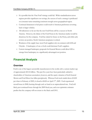 Ford Motor Company (NYSE: F) 
o It is possible that the ‘One Ford’ strategy could fail. While standardization across 
regions provides significant cost savings, the success of such a strategy is predicated 
on consumer tastes remaining consistent enough across geographical region. 
o Continued abatement in fuel prices could result in American preferences reverting 
back to larger vehicles. 
o All indications so far are that the new Ford Fiesta will be a success in North 
America. However, the failure of the Ford Fiesta in the American market would be 
disastrous for the company. Ford has staked its future on the Fiesta, and while early 
reviews are positive, North American acceptance is critical. 
o Weakness of the supply base: most Ford suppliers rely on contracts with GM and 
Chrysler. A bankruptcy of one or both could decimate Ford’s suppliers. 
o Current managed bankruptcy proposals for General Motors could allow GM to 
emerge from bankruptcy in a significantly advantaged cost position. 
Financial Analysis 
Overview 
Ford is one of the largest automobile manufacturers in the world, with a current market cap 
of approximately $10.16 billion. The past five years have been particularly unkind to 
shareholders of American automakers, however, and the equity valuation of both General 
Motors and Ford Motor has fallen precipitously. Whereas Ford stock traded above $14.00 
per share in February of 2005, it closed at $4.00 on April 17th, 2009. Ford experienced 
record losses in 2008, burning through cash on hand at an unprecedented rate. Ford will 
likely post continued losses through the 2009 fiscal year, and even optimistic estimates 
predict that the company will not return to the black until 2011. 
April 20, 2009 15 
 