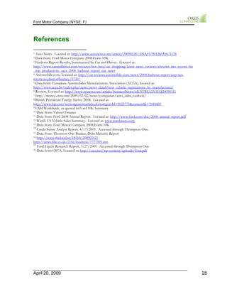 Ford Motor Company (NYSE: F) 
References 
1 Auto News. Located at: http://www.autonews.com/article/20090126/ANA03/901260350/1178 
2 Data from: Ford Motor Company 2008 Form 10K 
3 Harbour Report Results, Summarized by Car and Driver. Located at: 
http://www.caranddriver.com/reviews/hot_lists/car_shopping/latest_news_reviews/chrysler_ties_toyota_for 
_top_productivity_says_2008_harbour_report_car_news 
4 Automobile.com, Located at: http://car-reviews.automobile.com/news/2008-harbour-report-jeep-ties-toyota- 
in-plant-efficiency/5733/ 
5 Data from: European Automobiles Manufacturers Association (ACEA), located at: 
http://www.acea.be/index.php/news/news_detail/new_vehicle_registrations_by_manufacturer/ 
6 Reuters, Located at: http://www.reuters.com/article/businessNews/idUSTRE52A3YQ20090311 
7 http://money.cnn.com/2009/02/02/news/companies/auto_sales_outlook/ 
8 British Petroleum Energy Survey 2008. Located at: 
http://www.bp.com/sectiongenericarticle.do?categoryId=9023773&contentId=7044469 
9 CSM Worldwide, as quoted in Ford 10K Summary 
10 Data from: Yahoo! Finance 
11 Data from: Ford 2008 Annual Report. Located at: http://www.ford.com/doc/2008_annual_report.pdf 
12 Wards US Vehicle Sales Summary. Located at: www.wardsauto.com 
13 Data from: Ford Motor Company 2008 Form 10K 
14 Credit Suisse Analyst Report, 4/17/2009. Accessed through Thompson One. 
15 Data from: Thomson One Banker, Debt Maturity Report 
16 http://www.thelocal.se/18160/20090312/ 
http://news.bbc.co.uk/2/hi/business/7777395.stm 
17 Ford Equity Research Report, 3/27/2009. Accessed through Thompson One 
18 Data from OICA, Located at: http://oica.net/wp-content/uploads/ford.pdf 
April 20, 2009 28 
