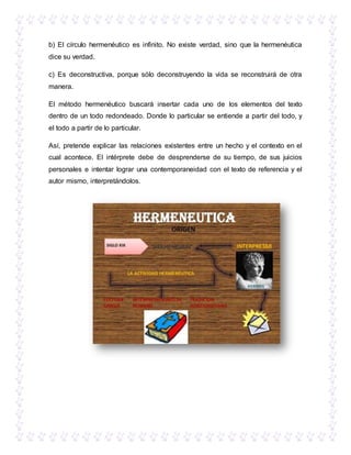 b) El círculo hermenéutico es infinito. No existe verdad, sino que la hermenéutica
dice su verdad.
c) Es deconstructiva, porque sólo deconstruyendo la vida se reconstruirá de otra
manera.
El método hermenéutico buscará insertar cada uno de los elementos del texto
dentro de un todo redondeado. Donde lo particular se entiende a partir del todo, y
el todo a partir de lo particular.
Así, pretende explicar las relaciones existentes entre un hecho y el contexto en el
cual acontece. El intérprete debe de desprenderse de su tiempo, de sus juicios
personales e intentar lograr una contemporaneidad con el texto de referencia y el
autor mismo, interpretándolos.
 