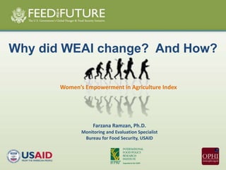 Why did WEAI change? And How?
Women’s Empowerment in Agriculture Index
Farzana Ramzan, Ph.D.
Monitoring and Evaluation Specialist
Bureau for Food Security, USAID
 