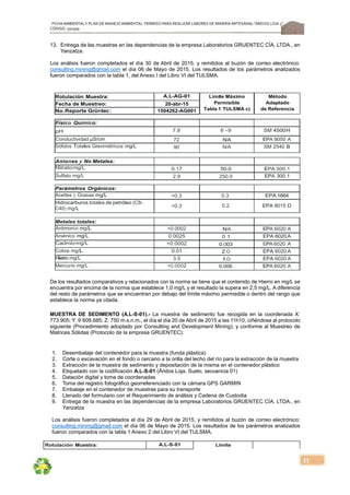 FICHA AMBIENTALY PLAN DE MANEJOAMBIENTAL PERMISO PARA REALIZAR LABORES DE MINERÍA ARTESANAL“ÁRIDOS LOJA 3”,
CÓDIGO: 591999
11
13. Entrega de las muestras en las dependencias de la empresa Laboratorios GRUENTEC CÍA. LTDA., en
Yanzatza.
Los análisis fueron completados el día 30 de Abril de 2015, y remitidos al buzón de correo electrónico:
consulting.mining@gmail.com el día 06 de Mayo de 2015. Los resultados de los parámetros analizados
fueron comparados con la tabla 1, del Anexo I del Libro VI del TULSMA.
Rotulación Muestra: A.L-AG-01 Límite Máximo
Permisible
Tabla 1 TULSMA c)
Método
Adaptado
de Referencia
Fecha de Muestreo: 20-abr-15
No.Reporte Grüntec: 1504262-AG001
Físico Químico:
pH 7.8 6 -9 SM 4500H
Conductividad µS/cm 72 N/A EPA 9050 A
Sólidos Totales Gravimétricos mg/L 90 N/A SM 2540 B
Aniones y No Metales:
Nitratomg/L 0.17 50.0 EPA 300.1
Sulfato mg/L 2.9 250.0 EPA 300.1
Parámetros Orgánicos:
Aceites y Grasas mg/L <0.3 0.3 EPA 1664
Hidrocarburos totales de petróleo (C8-
C40) mg/L <0.3 0.2 EPA 8015 D
Metales totales:
Antimonio mg/L <0.0002 N/A EPA 6020 A
Arsénico mg/L 0.0025 0.1 EPA 6020A
Cadmiomg/L <0.0002 0.003 EPA 6020 A
Cobre mg/L 0.01 2.0 EPA 6020 A
Hierro mg/L 3.5 1.0 EPA 6020 A
Mercurio mg/L <0.0002 0.006 EPA 6020 A
De los resultados comparativos y relacionados con la norma se tiene que el contenido de Hierro en mg/L se
encuentra por encima de la norma que establece 1,0 mg/L y el resultado la supera en 2,5 mg/L. A diferencia
del resto de parámetros que se encuentran por debajo del límite máximo permisible o dentro del rango que
establece la norma ya citada.
MUESTRA DE SEDIMENTO (A.L-S-01).- La muestra de sedimento fue recogida en la coordenada X:
773.905; Y: 9´608.685; Z: 750 m.s.n.m., el día el día 20 de Abril de 2015 a las 11h10, ciñéndose al protocolo
siguiente (Procedimiento adoptado por Consulting and Development Mining); y conforme al Muestreo de
Matrices Sólidas (Protocolo de la empresa GRUENTEC):
1. Desembalaje del contenedor para la muestra (funda plástica)
2. Corte o excavación en el fondo o cercano a la orilla del lecho del río para la extracción de la muestra
3. Extracción de la muestra de sedimento y depositación de la misma en el contenedor plástico
4. Etiquetado con la codificación A.L-S-01 (Áridos Loja, Suelo, secuencia 01)
5. Datación digital y toma de coordenadas
6. Toma del registro fotográfico georreferenciado con la cámara GPS GARMIN
7. Embalaje en el contenedor de muestras para su transporte
8. Llenado del formulario con el Requerimiento de análisis y Cadena de Custodia
9. Entrega de la muestra en las dependencias de la empresa Laboratorios GRUENTEC CÍA. LTDA., en
Yanzatza
Los análisis fueron completados el día 29 de Abril de 2015, y remitidos al buzón de correo electrónico:
consulting.mining@gmail.com el día 06 de Mayo de 2015. Los resultados de los parámetros analizados
fueron comparados con la tabla 1 Anexo 2 del Libro VI del TULSMA.
Rotulación Muestra: A.L-S-01 Límite
 