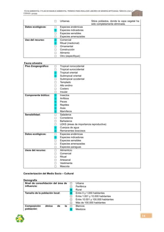 FICHA AMBIENTALY PLAN DE MANEJOAMBIENTAL PERMISO PARA REALIZAR LABORES DE MINERÍA ARTESANAL“ÁRIDOS LOJA 3”,
CÓDIGO: 591999
14
☐ Urbanas Sitios poblados, donde la capa vegetal ha
sido completamente eliminada.
Datos ecológicos: ☐ Especies endémicas
☒ Especies indicadoras
☐ Especies sensibles
☐ Especies amenazadas
Uso del recurso: ☒ Comercial
☒ Ritual (medicinal)
☐ Ornamental
☐ Construcción
☐ Alimento
☐ Otro (especifique):
Fauna silvestre
Piso Zoogeográfico: ☐ Tropical noroccidental
☐ Tropical suroccidental
☒ Tropical oriental
☒ Subtropical oriental
☐ Subtropical occidental
☐ Templado
☐ Alto andino
☐ Costero
☐ Insular
Componente biótico: ☒ Insectos
☒ Anfibios
☒ Peces
☒ Reptiles
☒ Aves
☒ Mamíferos
Sensibilidad: ☐ Saladeros
☐ Comederos
☐ Bañaderos
☐ LEKS (áreas de importancia reproductiva)
☒ Cuerpos de agua
☒ Remanentes boscosos
Datos ecológicos: ☐ Especies endémicas
☒ Especies indicadoras
☐ Especies sensibles
☐ Especies amenazadas
☐ Especies paraguas
Usos del recurso: ☐ Alimenticio
☐ Comercial
☐ Ritual
☐ Artesanal
☐ Vestimenta
☐ Mascota
Caracterización del Medio Socio – Cultural
Demografía
Nivel de consolidación del área de
influencia:
☐ Urbana
☐ Periférica
☒ Rural
Tamaño de la población local: ☒ Entre 0 y 1.000 habitantes
☐ Entre 1.001 y 10.000 habitantes
☐ Entre 10.001 y 100.000 habitantes
☐ Más de 100.000 habitantes
Composición étnica de la
población:
☐ Blancos
☒ Mestizos
 