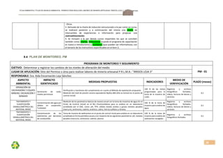 FICHA AMBIENTALY PLAN DE MANEJOAMBIENTAL PERMISO PARA REALIZAR LABORES DE MINERÍA ARTESANAL“ÁRIDOS LOJA 3”, CÓDIGO: 591999
28
‐ Otros. 
3. Derivado de la charla de inducción estructurado a la par como un curso, 
se  realizará  posterior  y  a  continuación  del  mismo  una  charla  de 
intercambio  de  experiencias  e  información  para  propiciar  una 
reatroalimentación. 
4.  Se  incluyen  a  la  par  demás  cursos  impartidos  los  que  se  conciben 
también como: charlas, inducciones (cuando el programa de capacitación 
es nuevo e introductorio) y reuniones (que pueden ser informativas); con 
el temario de los instructivos especificados en el ítem 2. 
9.4. PLAN DE MONITOREO, PM
PROGRAMA DE MONITOREO Y SEGUIMIENTO 
OJETIVO:  Determinar y registrar los cambios de los niveles de alteración del medio 
PM ‐ 01 LUGAR DE APLICACIÓN: Sitio del Permiso o área para realizar labores de minería artesanal P.R.L.M.A.: “ÁRIDOS LOJA 3” 
RESPONSABLE: Sra. Aida Encarnación Loja Sánchez 
ASPECTO 
AMBIENTAL 
IMPACTO 
IDENTIFICADO 
MEDIDAS PROPUESTAS  INDICADORES 
MEDIO DE 
VERFIFICACIÓN 
PLAZO (meses) 
OPERACIÓN DE 
EXCAVADORA Y EQUIPO 
MINERO, EXCAVACIÓN Y 
MINADO 
 
Generación  de  ruido, 
niveles permisivos 
Verificación y monitoreo del cumplimiento en cuanto al Método de explotación propuesto 
Medición del nivel de presión sonora equivalente NpSEq dBA (Ello se tomará en el punto de 
control inicial) 
100  %  de  las  visitas 
programadas  para  la 
toma de la muestra de 
ruido. 
Registros  y  archivos 
fotográficos  fechados, 
videos, facturas de bienes y 
servicios 
0,1 
TRATAMIENTO Y 
CLASIFICACIÓN 
GRANULOMÉTRICA DEL 
MATERIAL ÁRIDO 
Contaminación del agua por 
sólidos  en  suspensión, 
Turbiedad 
Medición de los parámetros básicos de manera anual con la toma de muestras de agua (En el 
Punto  de  Control  Inicial)  en  el  Río  Chuchumbletza  para  su  análisis  en  un  laboratorio 
acreditado  por  el  OAE,  como:  pH,  TPH,  sólidos  totales  aceites  y  grasas  metales  pesados 
(mercurio, antimonio, cadmio, arsénico, cobre, hierro) sulfatos y nitratos 
100  %  de  la  toma  de 
muestra para análisis de 
agua. 
Registros  y  archivos 
fotográficos  fechados, 
videos, facturas de bienes y 
servicios 
0,1 
TRATAMIENTO Y 
CLASIFICACIÓN 
GRANULOMÉTRICA DEL 
MATERIAL ÁRIDO 
Contaminación  de  los 
sedimentos  por  derrames 
de combustible. 
Toma de muestra de sedimentos en el punto de control inicial para análisis en un laboratorio 
acreditado en forma periódica anual y con respecto de los siguientes parámetros: pH, metales 
pesados (mercurio, antimonio, cadmio, plomo) 
100  %  de  la  toma  de 
muestra para análisis de 
sedimentos recogidos 
Registros  y  archivos 
fotográficos fechados 
0,1 
 