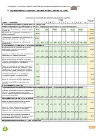 FICHA AMBIENTALY PLAN DE MANEJOAMBIENTAL PERMISO PARA REALIZAR LABORES DE MINERÍA ARTESANAL“ÁRIDOS LOJA 3”, CÓDIGO: 591999
41
12. CRONOGRAMA VALORADO DEL PLAN DE MANEJO AMBIENTAL (PMA)
CRONOGRAMA VALORADO DEL PLAN DE MANEJO AMBIENTAL (PMA)
MESES Presupuesto
(Subtotal)
PLANES Y PROGRAMAS 1 2 3 4 5 6 7 8 9 10 11 12
PLAN DE PREVENCIÓN Y REDUCCIÓN DE IMPACTOS AMBIENTALES
PROGRAMA DE PREVENCIÓN Y MITIGACIÓN DE IMPACTOS AMBIENTALES NEGATIVOS EN EL COMPONENTE BIÓTICO
Mantenimiento de la maquinaria y equipo, reemplazo
de filtros, etc.
43,33 43,33 43,33 43,33 43,33 43,33 260,00
Preparación del área para evitar contaminación por
sólidos en suspensión
80,00 80,00
Construcción de Instalaciones para el tratamiento del
agua utilizada en el proceso, más filtros
2676,67 2676,67
Adición de cal como floculante en el Estanque de
Sedimentación
8,33 8,33 8,33 8,33 8,33 8,33 8,33 8,33 8,33 8,33 8,33 8,33 100,00
PLAN DE MANEJO DE COMBUSTIBLES, ACEITES Y LUBRICANTES
Autoabastecimiento de combustible del equipo que
pueda hacerlo en los sitios de expendio de
combustibles (movilización) 40,00  40,00  40,00  40,00  40,00  40,00  40,00  40,00  40,00  40,00  40,00  40,00 
480,00
Inspección del estado de recipientes, Almacenamiento
diferenciado entre aceites y combustibles
33,33  0,00  0,00  0,00  0,00  0,00  0,00  0,00  0,00  0,00  0,00  0,00 
33,33
Sitio de almacenamiento temporal de combustibles.
Protección conexión a tierra, pintura anticorrosiva para
los tanques e ignífugo tipo RF 120, NFPA-30
723,67                                  
723,67
Todos los elementos de los equipos mecánicos y
electromecánicos deberán estar conectados a tierra.
Recubrimiento de los depósitos (paredes y piso) con
material ignífugo + SIKA, calidad mínima tipo RF120 114,33                                  
114,33
Letreros de identificación de los depósitos de
combustibles y aceites, lubricantes y grasas
30,00                                  
30,00
Extintor de PQS, mínimo de 20 lbrs, espumojeno
15,00                                  
15,00
Adquisición de un KIT de emergencia de para 
Derrames  40,00                                  
40,00
PLAN DE MANEJO DE DESECHOS
PROGRAMA DE IDENTIFICACIÓN DE PROCESOS GENERADORES DE RESIDUOS Y DESECHOS DENTRO DEL PROYECTO MINERO
Supervisar filtraciones en los motores y mantenimiento
preventivo. Almacenaje adecuado de residuos
químicos. Verificación del estado de los estanques de
sedimentación, decantación
3,00  3,00  3,00  3,00  3,00  3,00  3,00  3,00  3,00  3,00  3,00  3,00 
36,00
PROGRAMA CLASIFICACIÓN DE LOS DESECHOS
Manejo de desechos biodegradables en rellenos
sanitarios controlados por las autoridades
5,00  5,00  5,00  5,00  5,00  5,00  5,00  5,00  5,00  5,00  5,00  5,00 
60,00
Manejo de residuos peligrosos como aceites, grasas o
culquier otro producto químico, se realizará su
disposición final y empresas gestoras calificadas
35,00  35,00  35,00  35,00  35,00  35,00  35,00  35,00  35,00  35,00  35,00  35,00 
420,00
Adquisición de tachos plásticos contenedores de
basura de 160 litros. Clasificación de desechos según
tachos diferenciados: orgánicos e inorgánicos
80,00  0,00  0,00  0,00  0,00  0,00  0,00  0,00  0,00  0,00  0,00  0,00 
80,00
PROGRAMA DISPOSICIÓN TEMPORAL Y FINAL DE DESECHOS
 