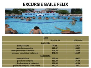 EXCURSIE BAILE FELIX
Tarife
01.05-14.06 15.06-01.08
Loc in DBL
-demipensiune 96,16 113,34
- pensiune completa 127,07 144,25
-demipensiune si tratament 109,33 125,94
-pensiune completa si tratament 140,24 156,85
Camera SGL
-demipensiune 122,49 144,25
- pensiune completa 153,40 175,16
- demipensiune si tratament 131,66 152,26
-pensiune completa si tratament 162,57 183,17
 