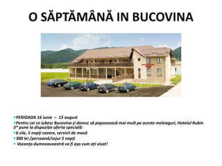 O SĂPTĂMÂNĂ IN BUCOVINA
PERIOADA 16 iunie – 15 august
Pentru cei ce iubesc Bucovina și doresc să poposească mai mult pe aceste meleaguri, Hotelul Rubin
3* pune la dispoziție oferta specială:
6 zile, 5 nopţi cazare, servicii de masă
300 lei /persoană/sejur 5 nopți
 Vacanța dumneavoastră va fi așa cum ați visat!
 