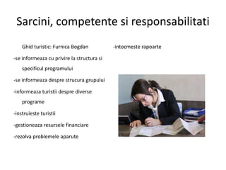 Sarcini, competente si responsabilitati
Ghid turistic: Furnica Bogdan
-se informeaza cu privire la structura si
specificul programului
-se informeaza despre strucura grupului
-informeaza turistii despre diverse
programe
-instruieste turistii
-gestioneaza resursele financiare
-rezolva problemele aparute
-intocmeste rapoarte
 