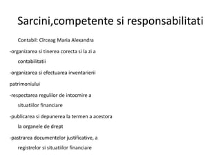 Sarcini,competente si responsabilitati
Contabil: Cîrceag Maria Alexandra
-organizarea si tinerea corecta si la zi a
contabilitatii
-organizarea si efectuarea inventarierii
patrimoniului
-respectarea regulilor de intocmire a
situatiilor financiare
-publicarea si depunerea la termen a acestora
la organele de drept
-pastrarea documentelor justificative, a
registrelor si situatiilor financiare
 