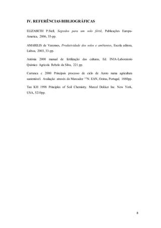 8
IV. REFERÊNCIAS BIBLIOGRÁFICAS
ELIZABETH P.Stell, Segredos para um solo fértil, Publicações Europa-
America, 2006, 35-pp.
AMARILIS de Varennes, Produtividade dos solos e ambientes, Escola editora,
Lisboa, 2003, 33-pp.
Antónia 2000 manual de fertilização das culturas, Ed. INIA-Laboratorio
Químico Agrícola Rebelo da Silva, 221 pp.
Carranca c 2000 Principais processo de ciclo de Azoto numa agricultura
sustentável. Avaliação através do Marcador 15N. EAN, Oeiras, Portugal, 1880pp.
Tan KH 1998 Principles of Soil Chemistry. Marcel Dekker Inc. New York,
USA, 5210pp.
 