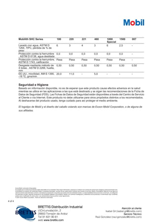00715001000
Special
460221220100Mobilith SHC Series
-2,563436Lavado con agua, ASTM D
1264, 79ºC, pérdida de % de
peso
-0,00,00,00,00,00,0Protección contra la herrumbre
, ASTM D 6138, agua destilada
-PasaPasaPasaPasaPasaPasaProtección contra la herrumbre,
ASTM D 1743, calificación
0,500,500,500,500,500,500,50Desgaste mediante método de
4 bolas , ASTM D 2266, huella,
mm
---5,0-11,020,0EE.UU., movilidad, AM-S 1390,
-18 ºC, gms/min
Seguridad e Higiene
Basado en información disponible, no es de esperar que este producto cause efectos adversos en la salud
mientras se utilice en las aplicaciones a las que está destinado y se sigan las recomendaciones de la Ficha de
Datos de Seguridad (FDS). Las Fichas de Datos de Seguridad están disponibles a través del Centro de Servicio
al Cliente o vía Internet. Este producto no debe utilizarse para otros propósitos distintos a los recomendados.
Al deshacerse del producto usado, tenga cuidado para así proteger el medio ambiente.
El logotipo de Mobil y el diseño del caballo volando son marcas de Exxon Mobil Corporation, o de alguna de
sus afiliadas.
ExxonMobil Lubricants & Specialties
Es posible que no todos los productos estén disponibles en su localidad. Para mayor información, ponerse en contacto con la oficina de venta local o dirigirse a www.exxonmobil.com.
ExxonMobil se compone de numerosas filiales y empresas asociadas, muchas de las cuales tienen nombres que incluyen el de Esso, Mobil y ExxonMobil. Nada de lo que figura en
este documento está destinado a anular o reemplazar la separación corporativa que existe entre las entidades locales. La responsabilidad de las acciones a nivel local, y la obligación
de responder de ellas, seguirán recayendo en las entidades afiliadas a ExxonMobil. Debido a la continua investigación y desarrollo de los productos, la información aquí contenida
podría verse modificada sin previo aviso. Las características típicas podrían variar ligeramente.
© 2001 Exxon Mobil Corporation. Todos los derechos reservados.
4 of 4
BRETTIS Distribución Industrial
cCircunvalación, 2
28850 Torrejón de Ardoz
Tel 91 831 90 81
web www.brettis.com
Atención al cliente
Isabel Gil (isabel.gil@brettis.com)
Servicio Técnico
Raúl González (raul.gonzalez@brettis.com)
 