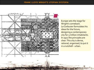 FRANK LLOYD WRIGHT’S UTOPIAN DYSTOPIA
Europe sets the stage for
Wright's comeback.
Le Corbusier formulates his
ideas for the future,
designing a contemporary
city for 3 million inhabitants.
In 1922 the principles are
clear.This city is dense,
rational, organised; to put it
in a nutshell - urban.
 