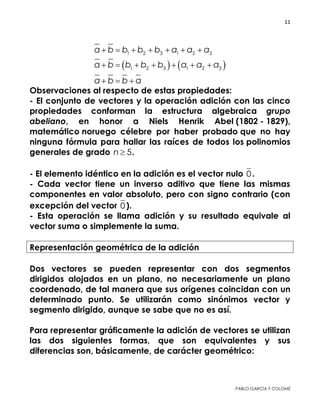 11 
 
PABLO GARCÍA Y COLOMÉ
   
1 2 3 1 2 3
1 2 3 1 2 3
a b b b b a a a
a b b b b a a a
a b b a
      
      
  
Observaciones al respecto de estas propiedades:
- El conjunto de vectores y la operación adición con las cinco
propiedades conforman la estructura algebraica grupo
abeliano, en honor a Niels Henrik Abel (1802 - 1829),
matemático noruego célebre por haber probado que no hay
ninguna fórmula para hallar las raíces de todos los polinomios
generales de grado 5n  .
- El elemento idéntico en la adición es el vector nulo 0 .
- Cada vector tiene un inverso aditivo que tiene las mismas
componentes en valor absoluto, pero con signo contrario (con
excepción del vector 0 ).
- Esta operación se llama adición y su resultado equivale al
vector suma o simplemente la suma.
Representación geométrica de la adición
Dos vectores se pueden representar con dos segmentos dirigidos
alojados en un plano, no necesariamente un plano coordenado,
de tal manera que sus orígenes coincidan con un determinado
punto. Se utilizarán como sinónimos vector y segmento dirigido,
aunque se sabe que no es así.
Para representar gráficamente la adición de vectores se utilizan
las dos siguientes formas, que son equivalentes y sus diferencias
son, básicamente, de carácter geométrico:
 