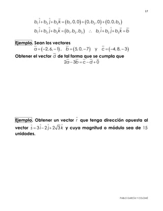 17 
 
PABLO GARCÍA Y COLOMÉ
     1 2 3 1 2 3, 0, 0 0, , 0 0, 0,b i b j b k b b b
 
    
 1 2 3 1 2 3 1 2 3, ,b i b j b k b b b b i b j b k b
   
      
Ejemplo. Sean los vectores
     2, 6, 1 , 5, 0, 7 y 4, 8, 3a b c       
Obtener el vector d de tal forma que se cumpla que
2 3 0a b c d   
Ejemplo. Obtener un vector r que tenga dirección opuesta al
vector 3 2 2 3s i j k
  
   y cuya magnitud o módulo sea de 15
unidades.
 